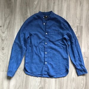 H&M MENS 100% LINEN SHIRT BLUE LONG SLEEVE BUTTON DOWN SMALL